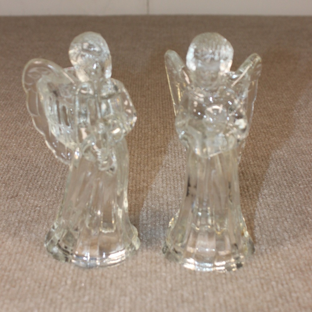 Vintage Clear Glass Angel Figurines Set‎ of 2 Musical Harp Horn Christmas Decor